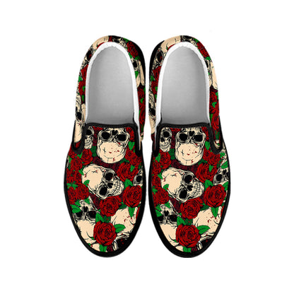 Red Rose Skull Pattern Print Black Slip On Sneakers