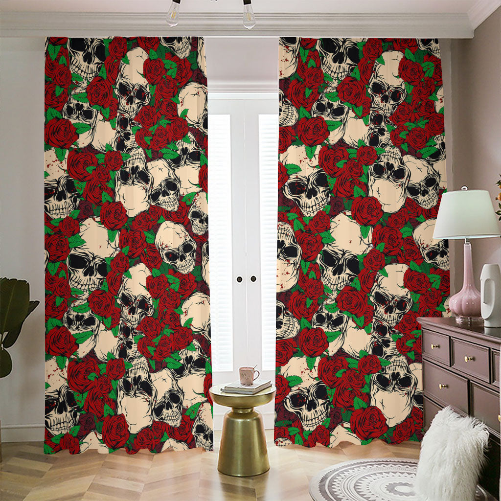 Red Rose Skull Pattern Print Blackout Pencil Pleat Curtains