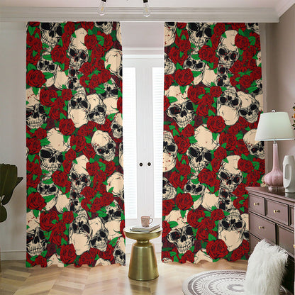 Red Rose Skull Pattern Print Blackout Pencil Pleat Curtains