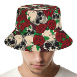 Red Rose Skull Pattern Print Bucket Hat