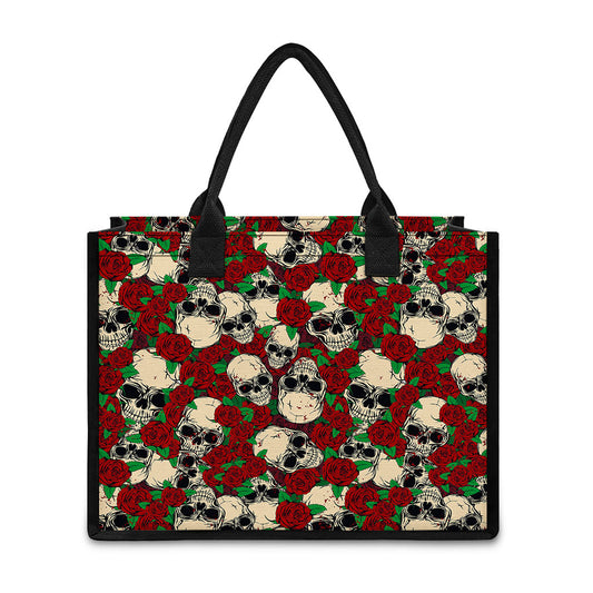 Red Rose Skull Pattern Print Canvas Tote Bag