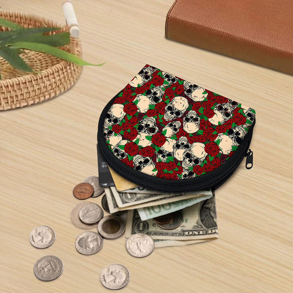 Red Rose Skull Pattern Print Coin Purse