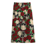 Red Rose Skull Pattern Print Cotton Front Slit Maxi Skirt