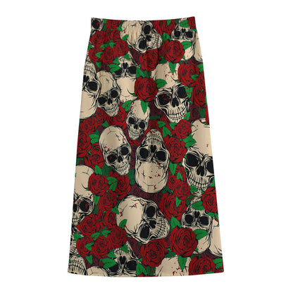 Red Rose Skull Pattern Print Cotton Front Slit Maxi Skirt