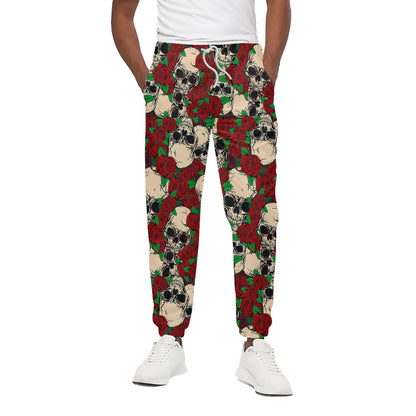Red Rose Skull Pattern Print Cotton Pants