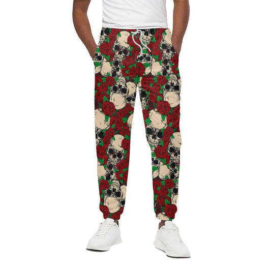 Red Rose Skull Pattern Print Cotton Pants