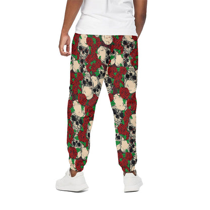 Red Rose Skull Pattern Print Cotton Pants