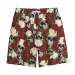Red Rose Skull Pattern Print Cotton Shorts