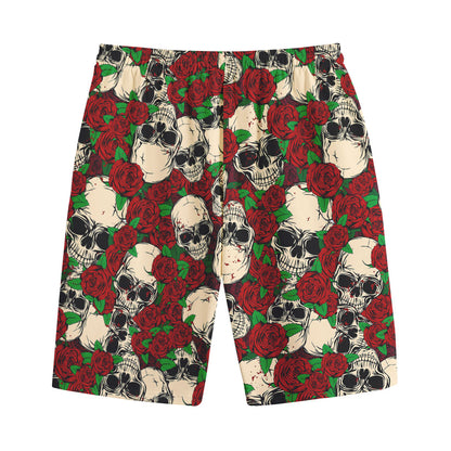 Red Rose Skull Pattern Print Cotton Shorts