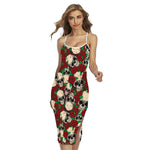 Red Rose Skull Pattern Print Cross Back Cami Dress