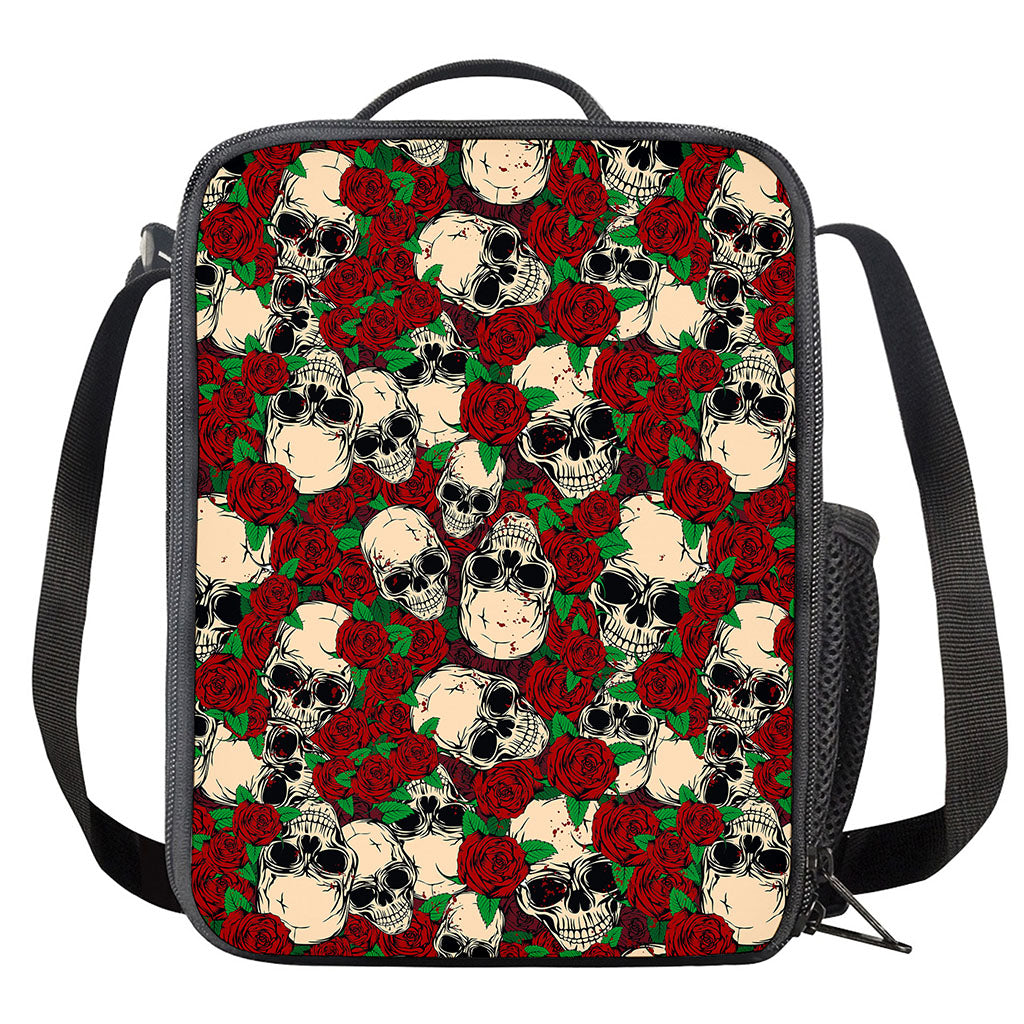 Red Rose Skull Pattern Print Crossbody Lunch Bag
