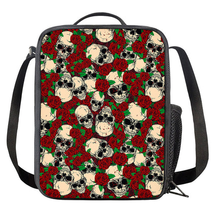 Red Rose Skull Pattern Print Crossbody Lunch Bag