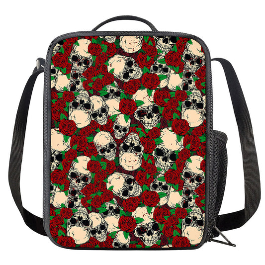 Red Rose Skull Pattern Print Crossbody Lunch Bag