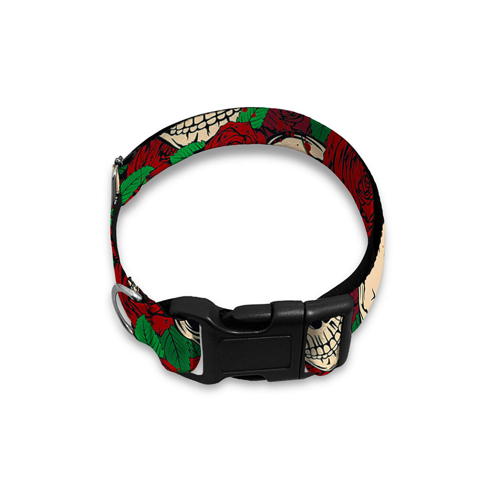 Red Rose Skull Pattern Print Dog Collar