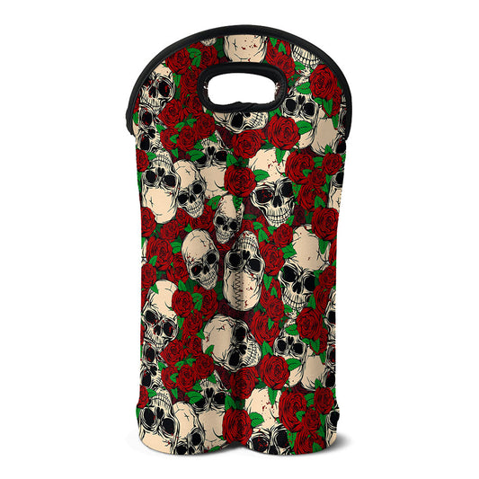 Red Rose Skull Pattern Print Double Neoprene Wine Tote