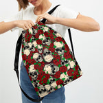 Red Rose Skull Pattern Print Drawstring Backpack