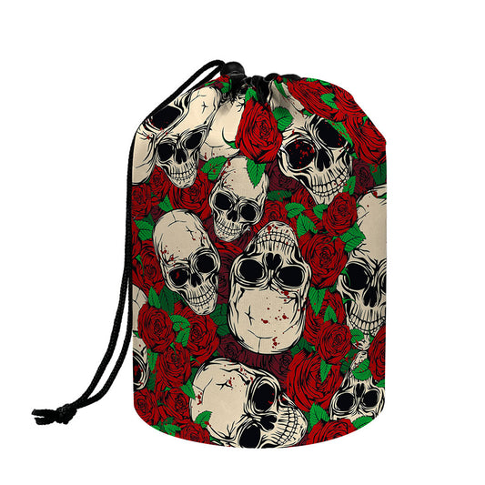Red Rose Skull Pattern Print Drawstring Makeup Bag