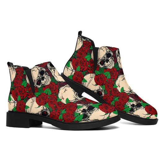 Red Rose Skull Pattern Print Flat Ankle Boots