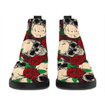 Red Rose Skull Pattern Print Flat Ankle Boots