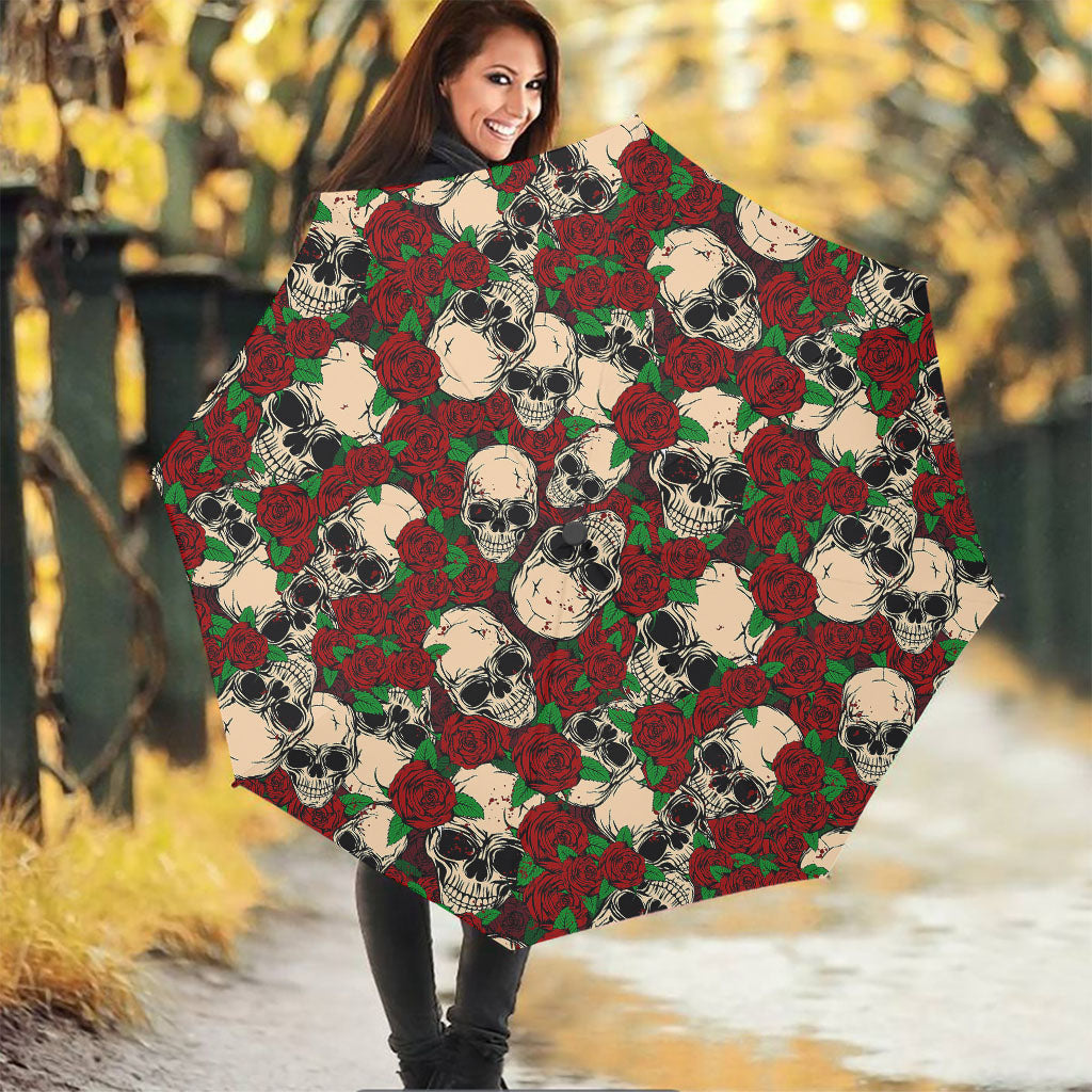 Red Rose Skull Pattern Print Foldable Umbrella