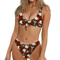 Red Rose Skull Pattern Print Front Bow Tie Bikini