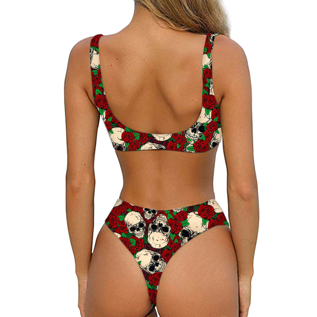Red Rose Skull Pattern Print Front Bow Tie Bikini
