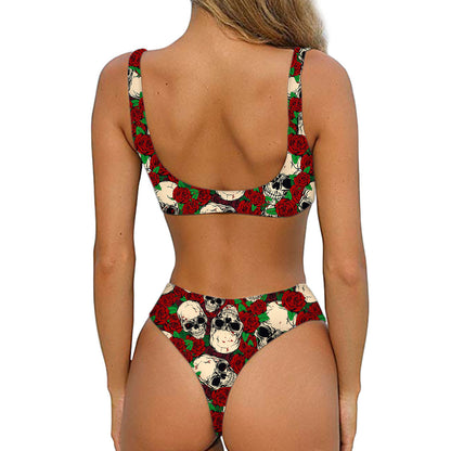 Red Rose Skull Pattern Print Front Bow Tie Bikini