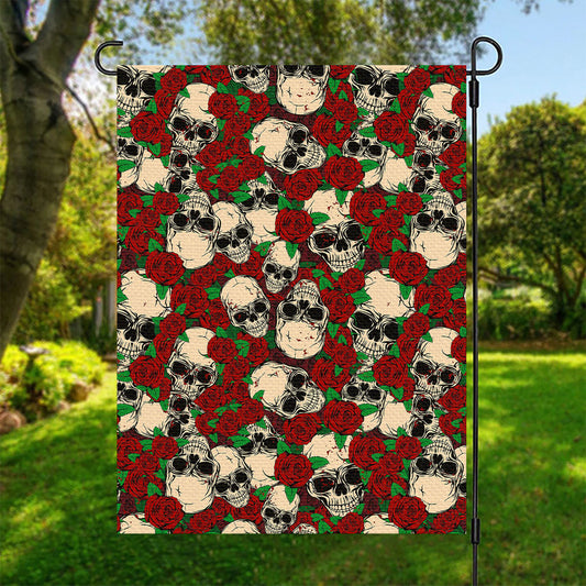 Red Rose Skull Pattern Print Garden Flag