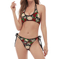 Red Rose Skull Pattern Print Halter Scoop Tie Side Bikini