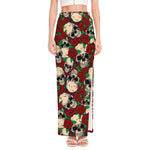 Red Rose Skull Pattern Print High Slit Maxi Skirt