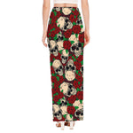Red Rose Skull Pattern Print High Slit Maxi Skirt