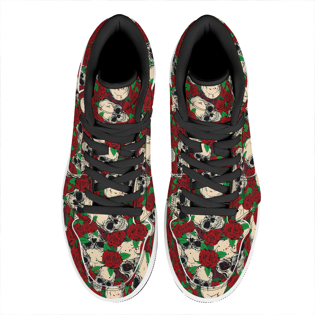 Red Rose Skull Pattern Print High Top Leather Sneakers