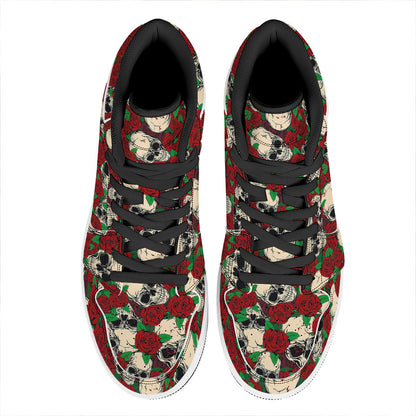 Red Rose Skull Pattern Print High Top Leather Sneakers