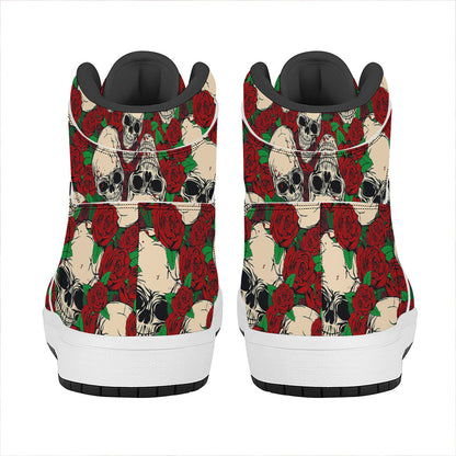 Red Rose Skull Pattern Print High Top Leather Sneakers