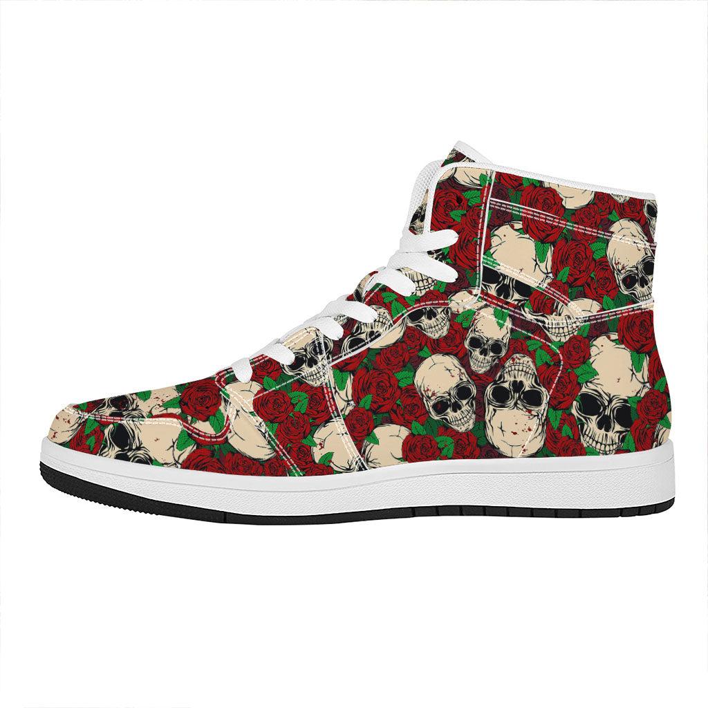 Red Rose Skull Pattern Print High Top Leather Sneakers