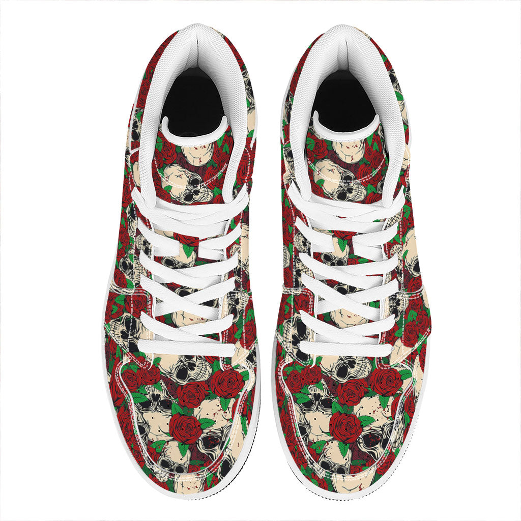Red Rose Skull Pattern Print High Top Leather Sneakers