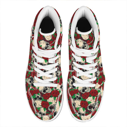 Red Rose Skull Pattern Print High Top Leather Sneakers