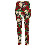 Red Rose Skull Pattern Print High-Waisted Pocket Leggings