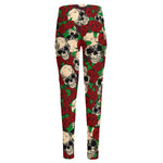 Red Rose Skull Pattern Print High-Waisted Pocket Leggings
