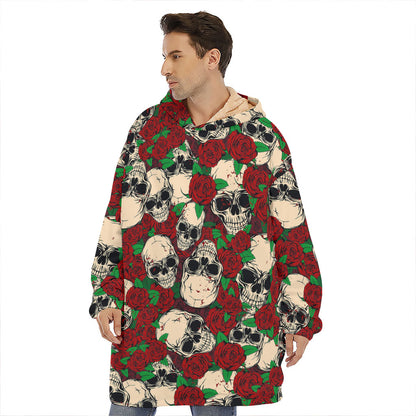 Red Rose Skull Pattern Print Hoodie Blanket