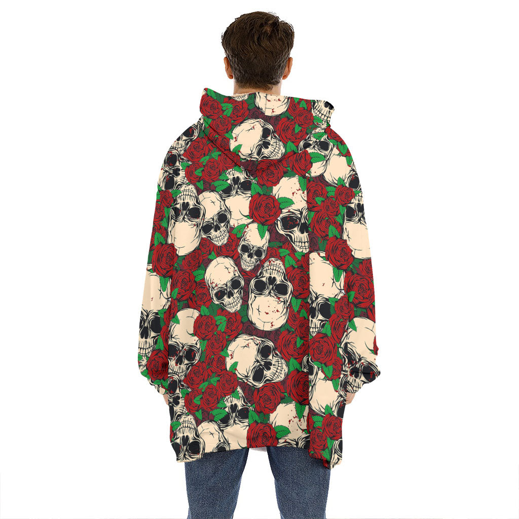 Red Rose Skull Pattern Print Hoodie Blanket