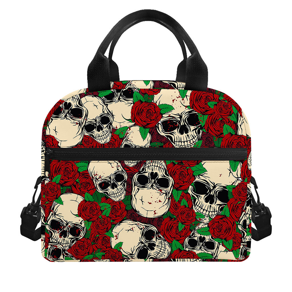 Red Rose Skull Pattern Print Insulated Lunch Bag