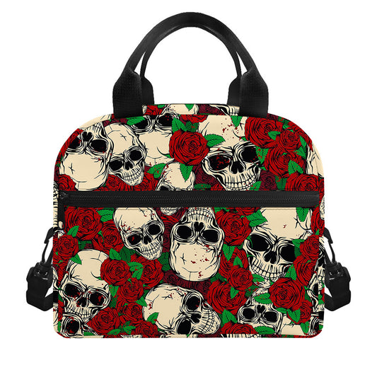 Red Rose Skull Pattern Print Insulated Lunch Bag