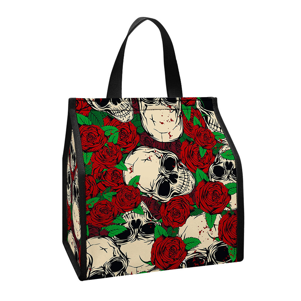 Red Rose Skull Pattern Print Insulated Lunch Tote