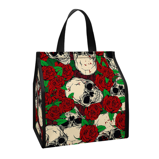 Red Rose Skull Pattern Print Insulated Lunch Tote