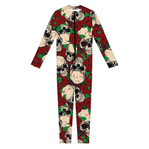 Red Rose Skull Pattern Print Jumpsuit