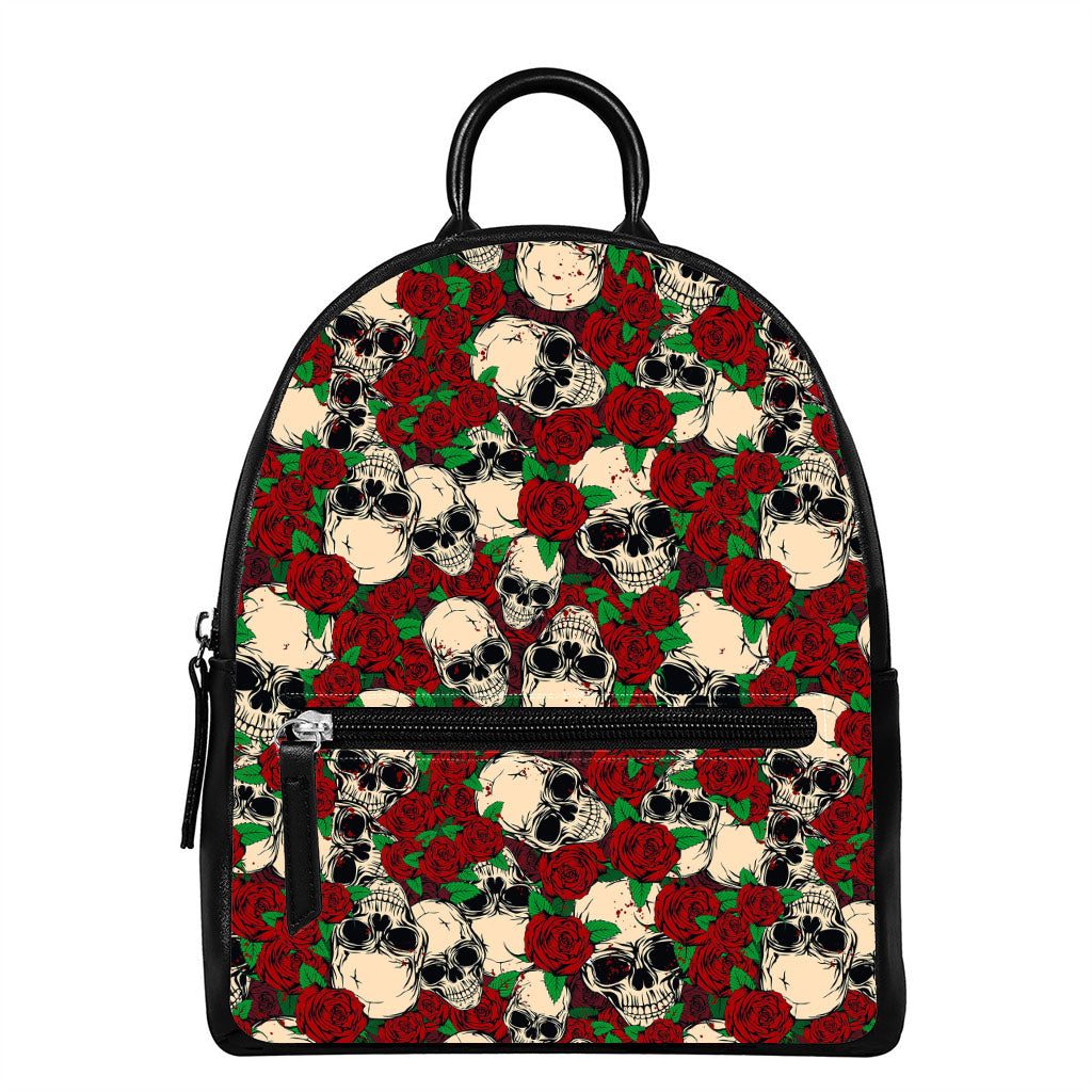 Red Rose Skull Pattern Print Leather Backpack