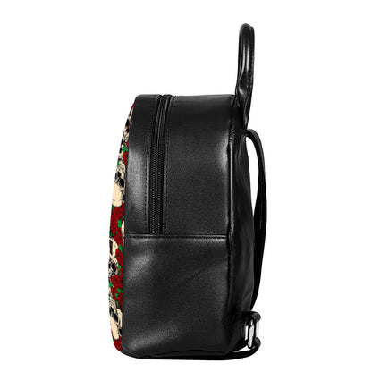 Red Rose Skull Pattern Print Leather Backpack