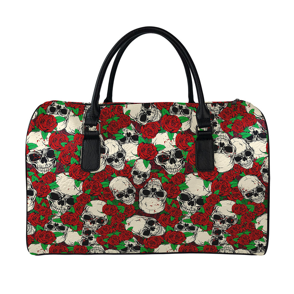 Red Rose Skull Pattern Print Leather Duffle Bag