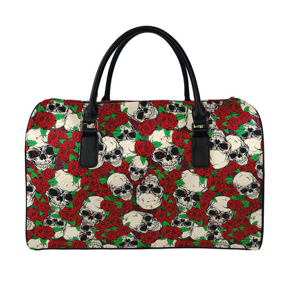 Red Rose Skull Pattern Print Leather Duffle Bag